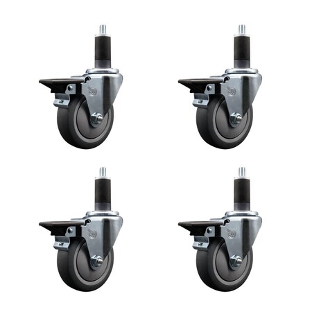 Service Caster 4'' Thermoplastic Rubber Swivel 1-1/4'' Expanding Stem Caster Set with Brake, 4PK SCC-EX20S414-TPRB-PLB-114-4